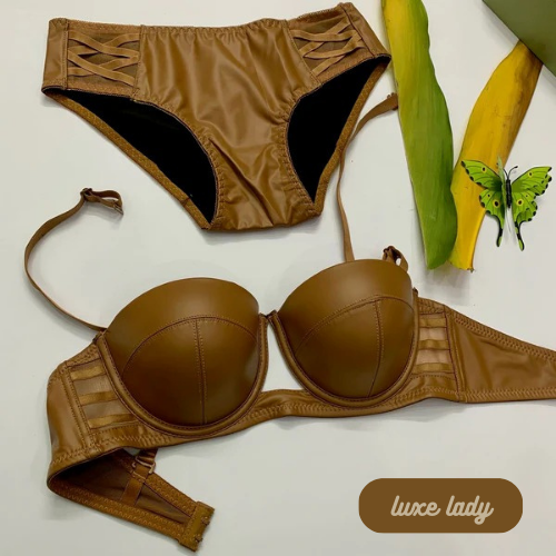 FAUX LEATHER HALF CUP BRA SET With Removeable Strap