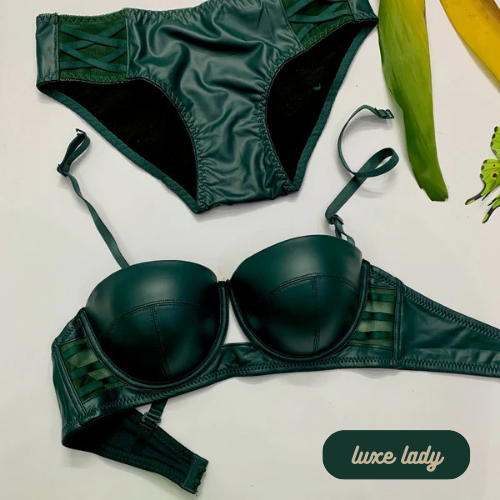 FAUX LEATHER HALF CUP BRA SET With Removeable Strap