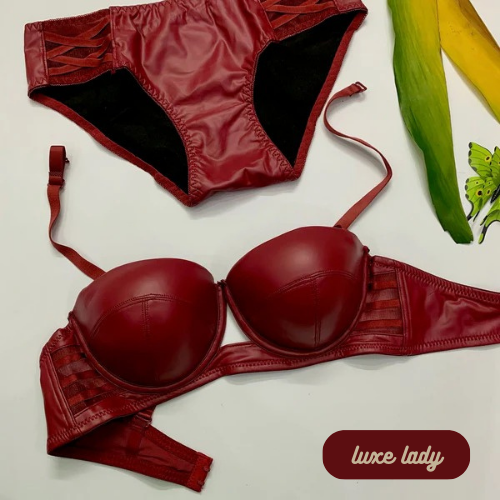 FAUX LEATHER HALF CUP BRA SET With Removeable Strap