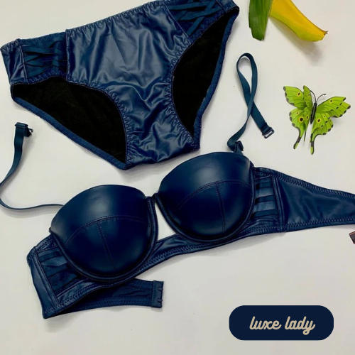 FAUX LEATHER HALF CUP BRA SET With Removeable Strap