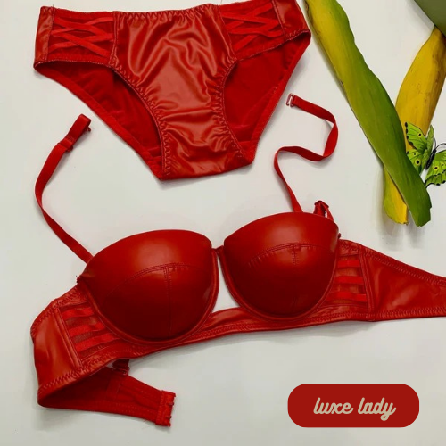 FAUX LEATHER HALF CUP BRA SET With Removeable Strap