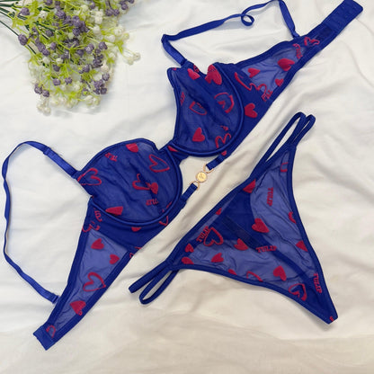 💕 Velvet Love Print in Net Bra Set