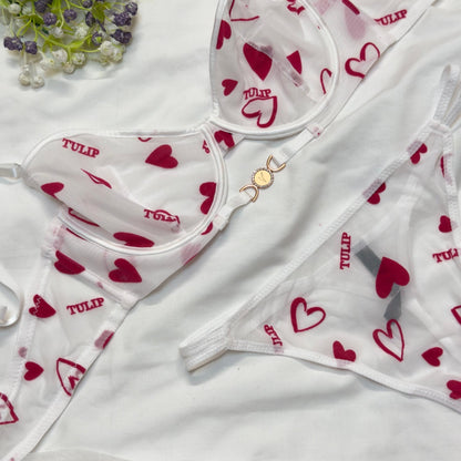 💕 Velvet Love Print in Net Bra Set