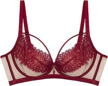 Push up Bra for Women Eyelash Lace Sexy Neckline Dip Bra with Underwired Support