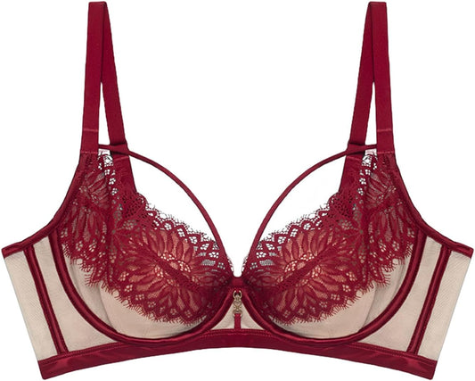 Push up Bra for Women Eyelash Lace Sexy Neckline Dip Bra with Underwired Support