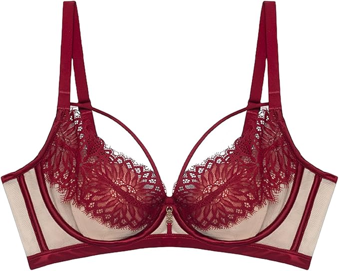 Push up Bra for Women Eyelash Lace Sexy Neckline Dip Bra with Underwired Support