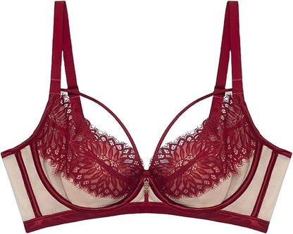 Push up Bra for Women Eyelash Lace Sexy Neckline Dip Bra with Underwired Support