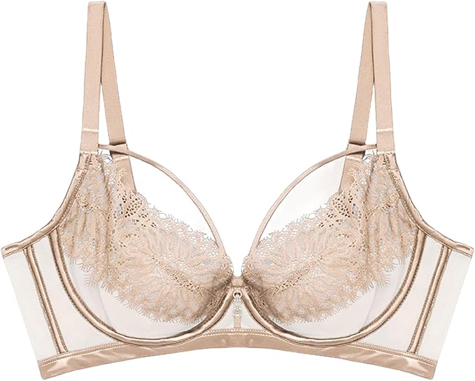 Push up Bra for Women Eyelash Lace Sexy Neckline Dip Bra with Underwired Support