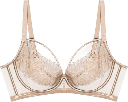 Push up Bra for Women Eyelash Lace Sexy Neckline Dip Bra with Underwired Support