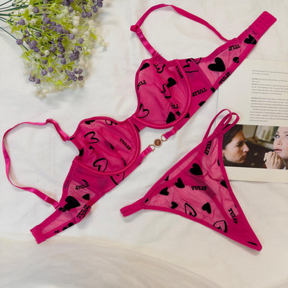 💕 Velvet Love Print in Net Bra Set