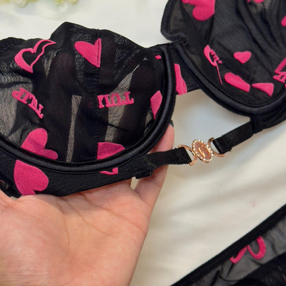 💕 Velvet Love Print in Net Bra Set
