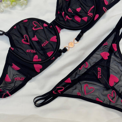 💕 Velvet Love Print in Net Bra Set