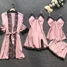 Nightwear Silk Solid Color Pijama Sets